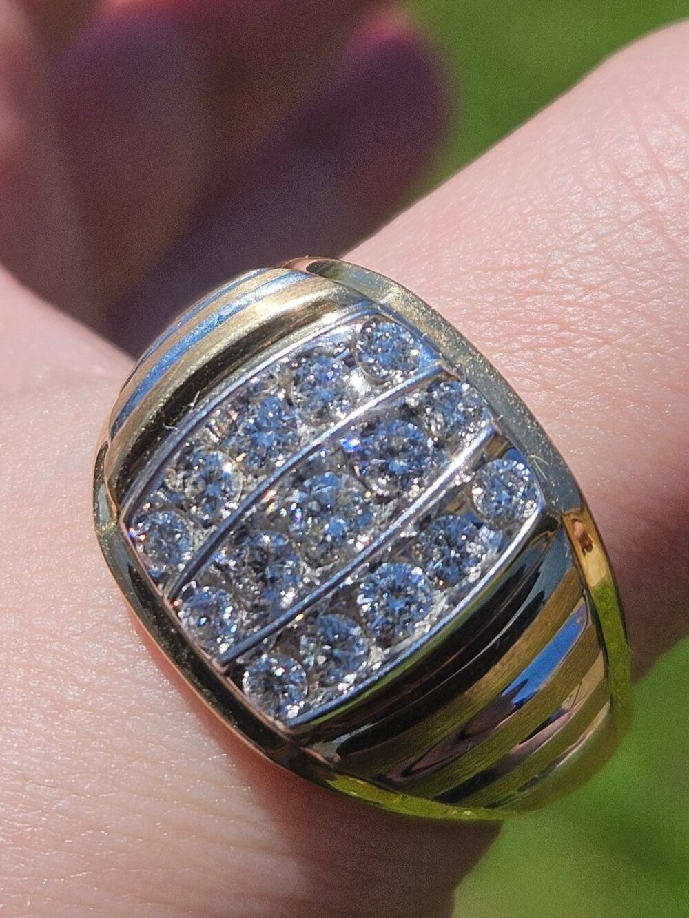 14K Yellow Gold 3 Row Diamond Men's Wide Band Statement Ring 16mm Size 13.25